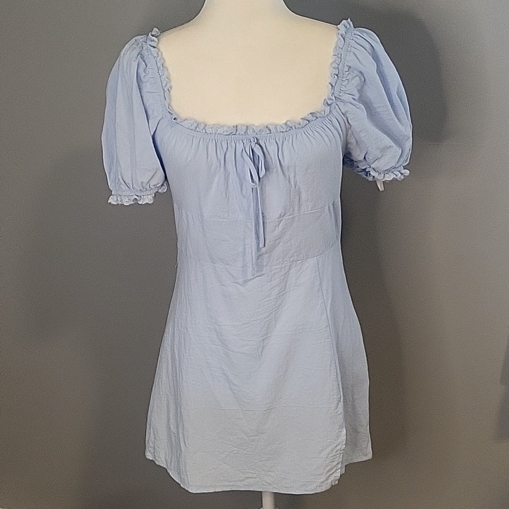 Shein Elastic Neck & Sleeve Eyelet Trim Hidden Zipper Cotton Mini Dress - Size M